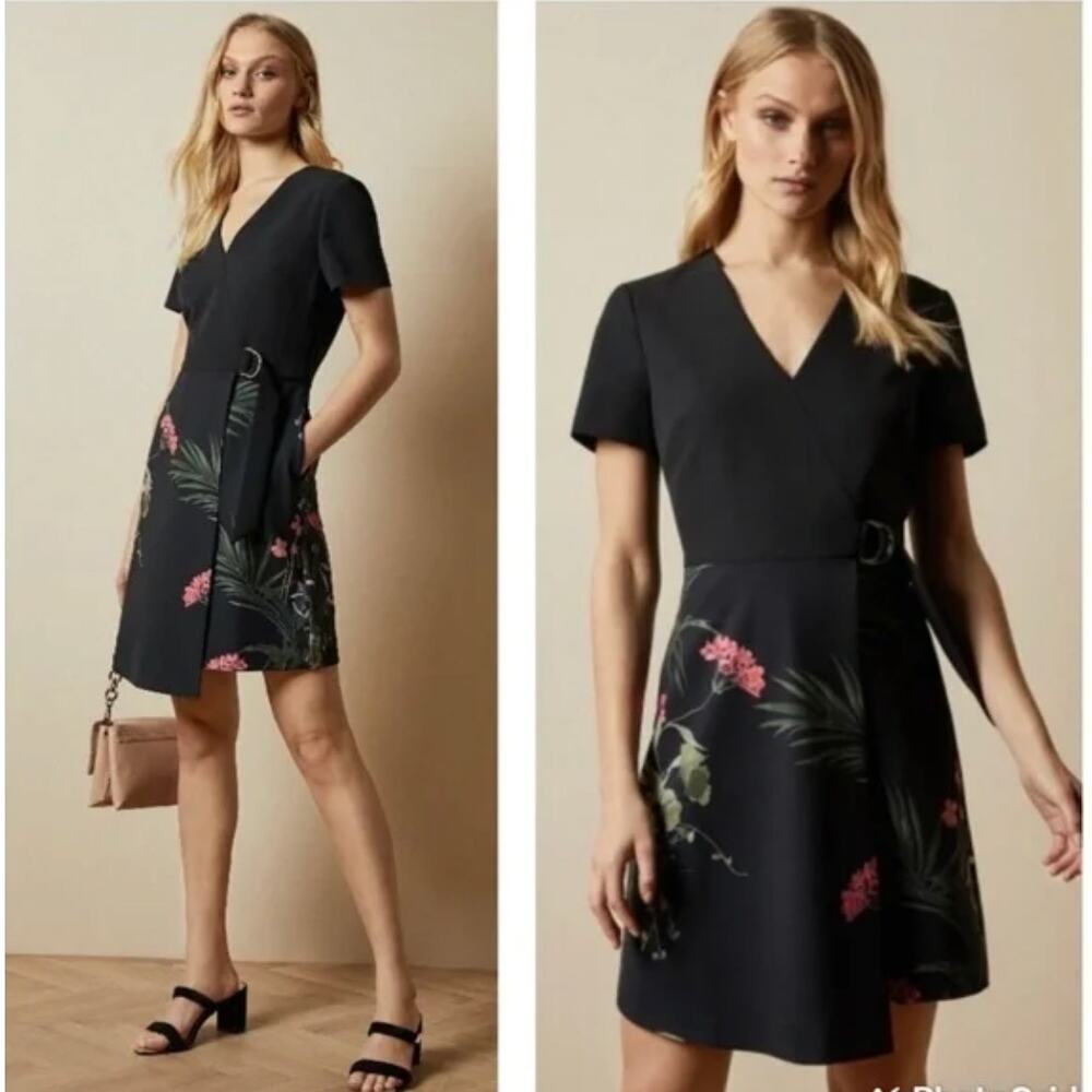 Ted Baker Mizalia Highland Black Floral Faux Wrap Dress Size 6- XXL